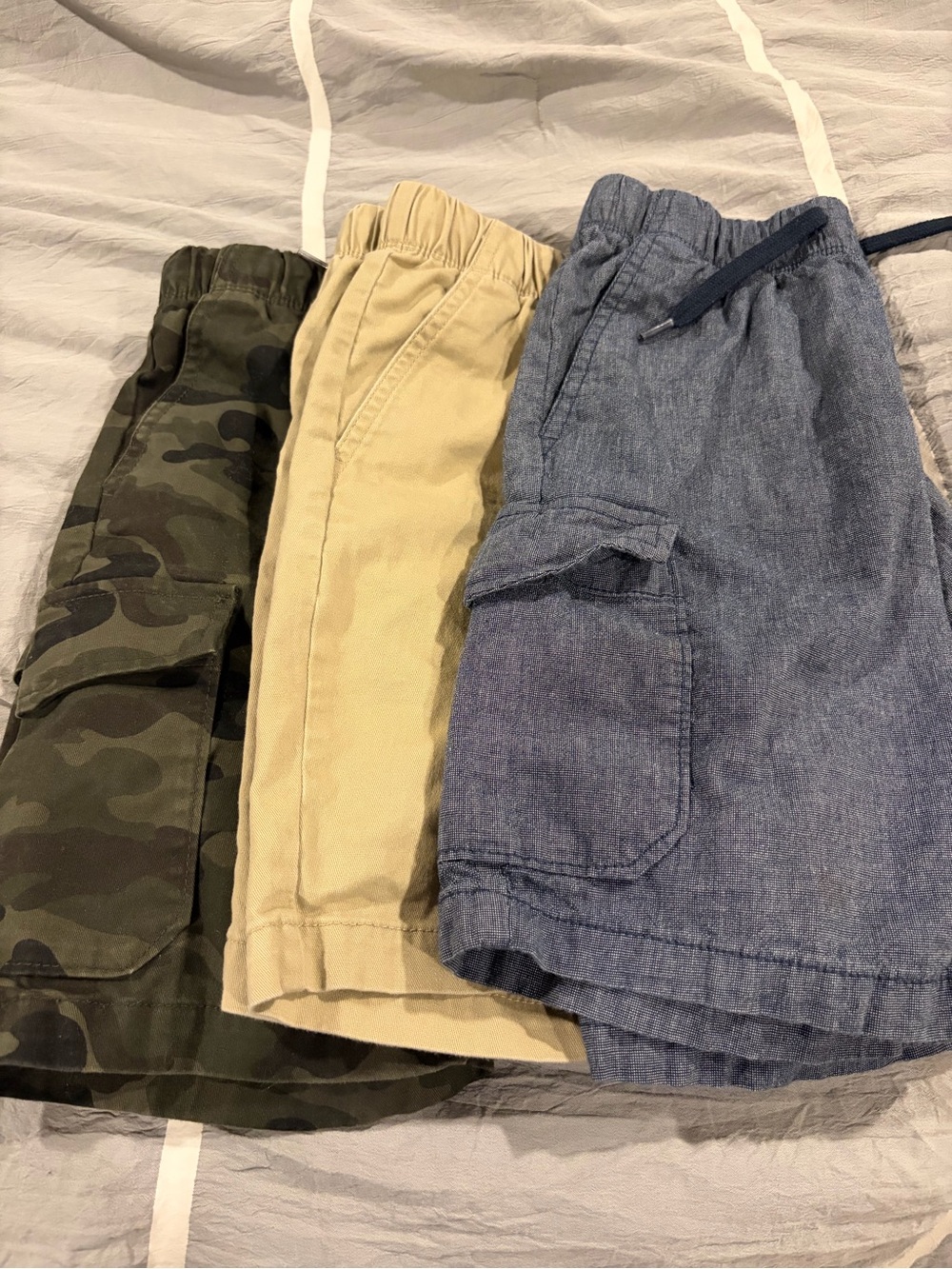 Old Navy Boys Cargo & Chambray Shorts Trio - Camo, Khaki, Blue